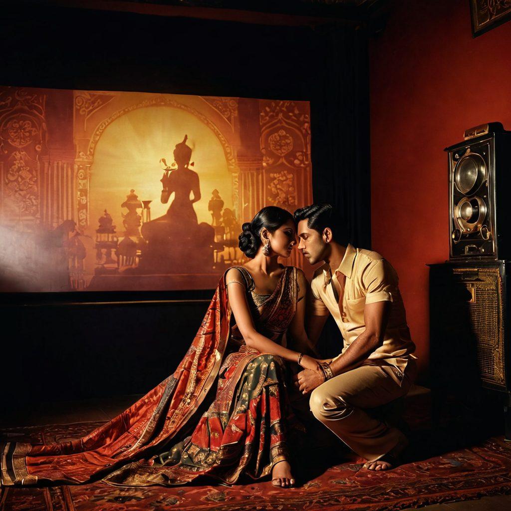 A captivating scene depicting the rich tapestry of Indian erotic cinema, featuring traditional Indian motifs, vibrant colored fabrics, and silhouettes of couples in a tasteful embrace, set against a backdrop of a vintage film projector. The atmosphere should evoke a sense of intrigue and allure, blending cultural elements with a touch of sensuality. The image should highlight the contrast between light and shadows to enhance the mood. super-realistic. vibrant colors. vintage style.