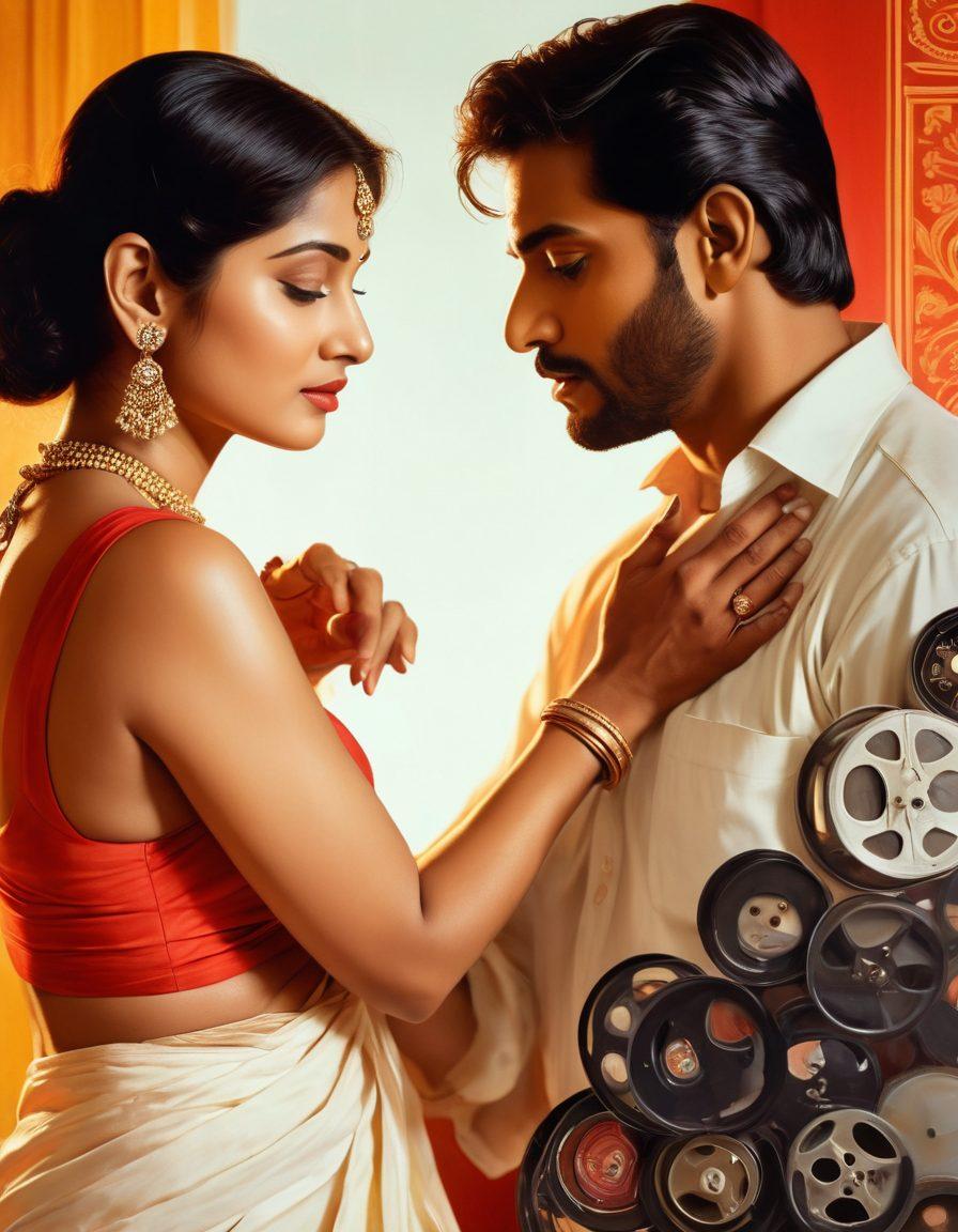 A visually rich tableau depicting the evolution of Indian erotic films, featuring a vintage cinema setting with film reels and posters from different eras subtly blending into one another. In the foreground, a couple shares an intimate gaze, their expressions conveying desire and connection, while the background showcases iconic scenes from various films in a dreamlike haze. The color palette is warm and inviting, with vibrant reds and soft golds to evoke passion and nostalgia. super-realistic. vibrant colors. white background.