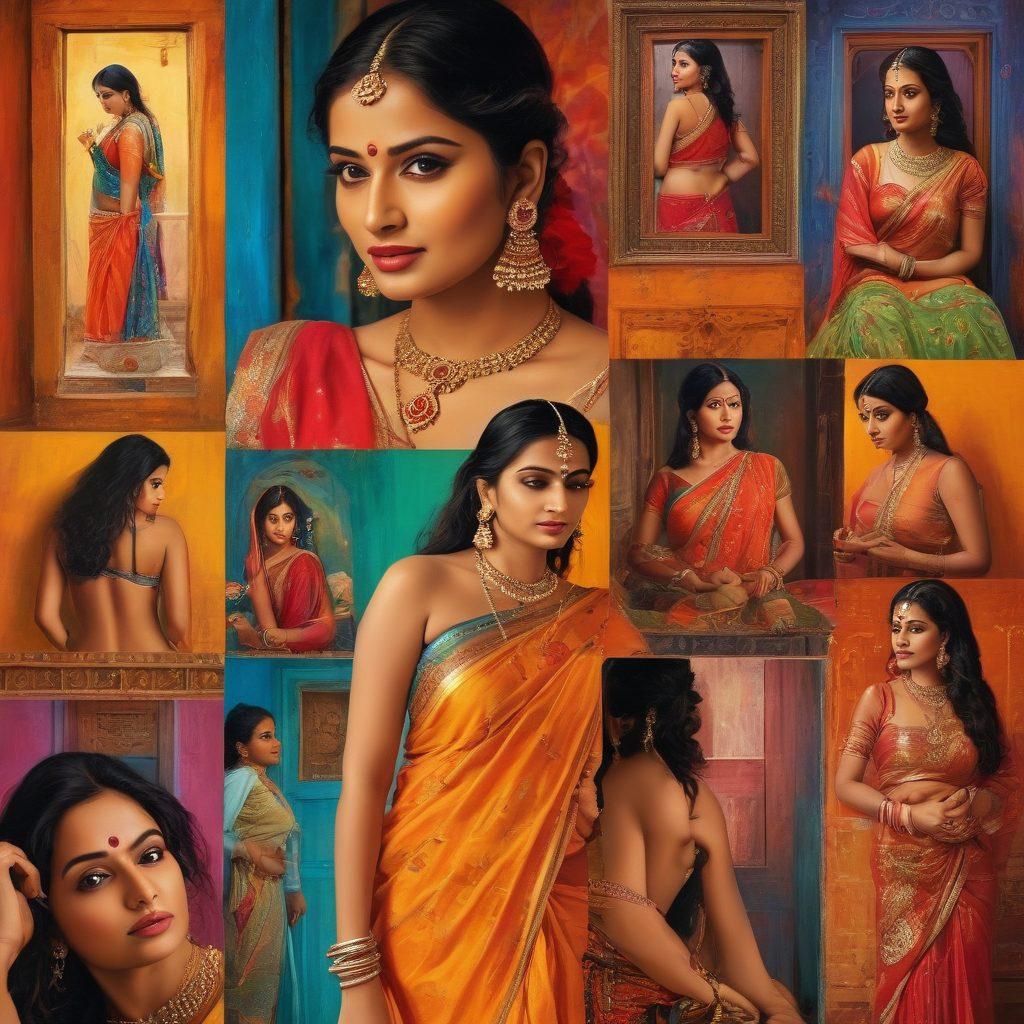 A visually striking collage depicting scenes from various Desi adult films, showcasing diverse characters challenging societal norms. The backdrop should feature iconic cultural symbols, merging sensuality with tradition. Include vivid colors and elements that represent breaking taboos, such as broken chains or open doors. Ensure the atmosphere is intriguing yet respectful, inviting the viewer to explore. artistic painting. vibrant colors. dramatic lighting.